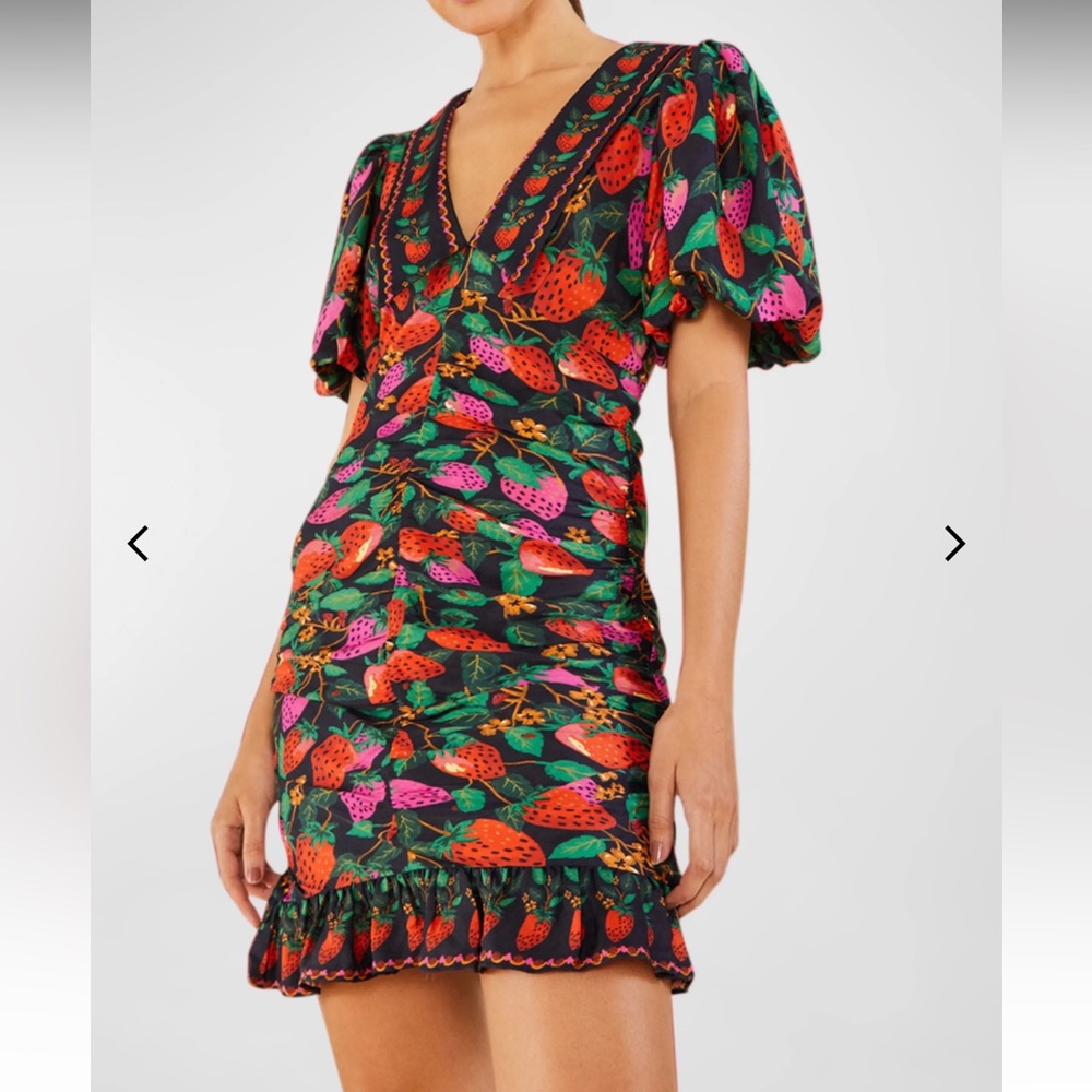 Farm Rio Lady Strawberry Puff-Sleeve Mini Dress XS